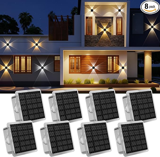 AUDLES Solar Fence Lights Outdoor, New 4-Way Lighting Fence Lights Solar Powered with 3 Modes 3000K/4000K/6000K, IP65 Waterproof Solar Wall Light for Backyard Wall Pathway Deck Patio Decor - 8 Pack