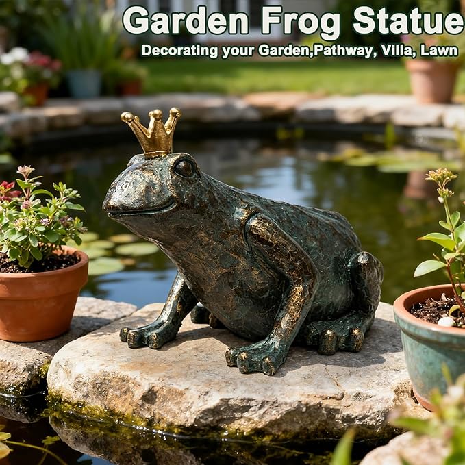 Crouching Frog Prince Garden Statue, Yard Decorations Outdoor Decor, Weather-Resistant Animal Figurines & Sculptures for Patio & Porch, 11.5" L×8" H