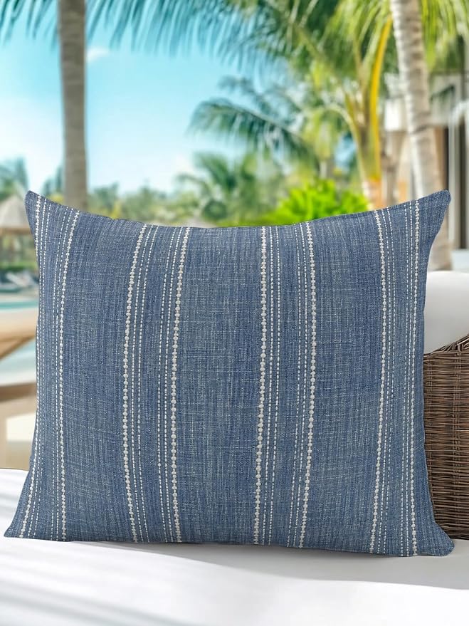 Vandarllin Waterproof Outdoor Pillow 1 Pack Denim Blue Linen Stripes Decorative Throw Pillows Cover & Insert 18x18 Inch Pillowcase Parallel Vertical Lines Pillows for Couch Sofa Bed Patio Furniture