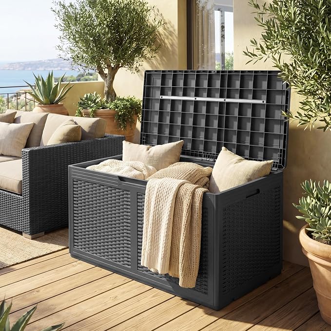 Tangkula 100 Gallon Outdoor Storage Box, Lockable Outdoor Storage Bench with 2 Smooth Wheels, Faux Rattan Surface, Waterproof Resin Deck Box for Outside Poolside Patio Garden (Grey)