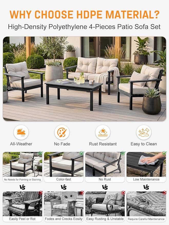 HDPE Patio Conversation Set 5 Seats, Outdoor Furniture Set, Patio Sofa Set | Water-Resistant Thick Cushion, HDPE All Weather, Wood-Grain, No Rot or Rust or Crack, UV Fade Shield, Easy-Clean for Outside