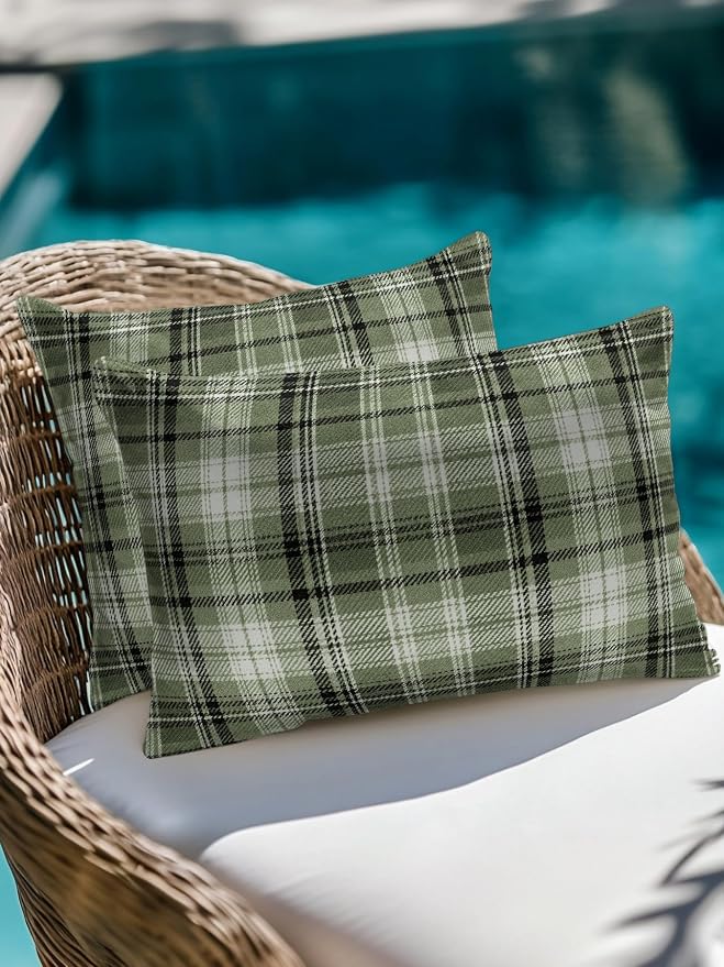 Waterproof Outdoor Pillow Set of 2 Green Checked Plaid Decorative Throw Pillows Cover & Insert 20x12 Inch Lumbar Pillowcase Stripes Woven Grid Pillows for Couch Sofa Bed Patio Furniture Indoor Outdoor