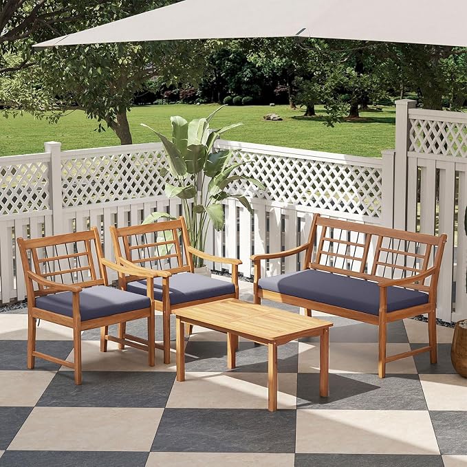 Tangkula 4 Piece Wood Patio Furniture Set, Outdoor Conversation Set w/Soft Seat Cushions, Solid Acacia Wood Frame, 2 Armchairs, Loveseat & Coffee Table Set for Backyard, Porch, Poolside