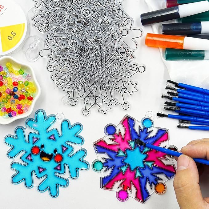 AUEKIV 32 Sets Suncatcher Kit Winter Snowflake Suncatchers Window Art Paint Sun Catcher DIY Craft Kits Christmas Snowflake Suncatcher Kit for Xmas Decoration Winter Home Classroom Party Activity
