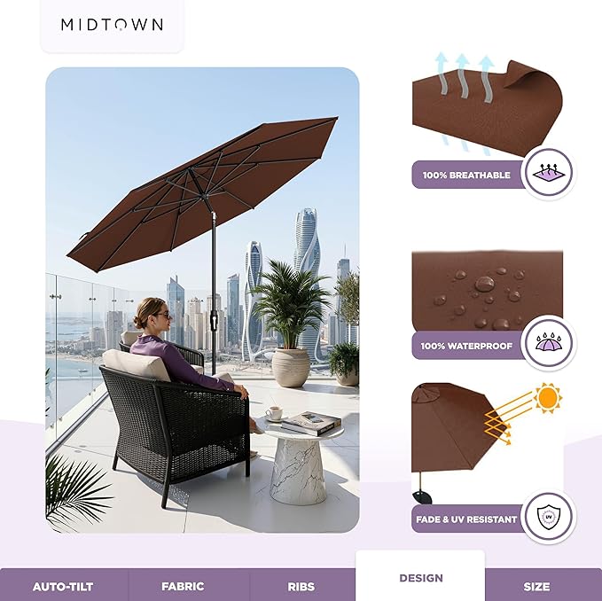 Midtown Umbrellas – The Swilt 9 Ft Patio Umbrella with 360° Swivel & Tilt Mechanism, Sunbrella Fabric & 8 Fiberglass Ribs – Outdoor Umbrella for Deck, Pool & Cafes – Bay Brown Canopy, Black Pole
