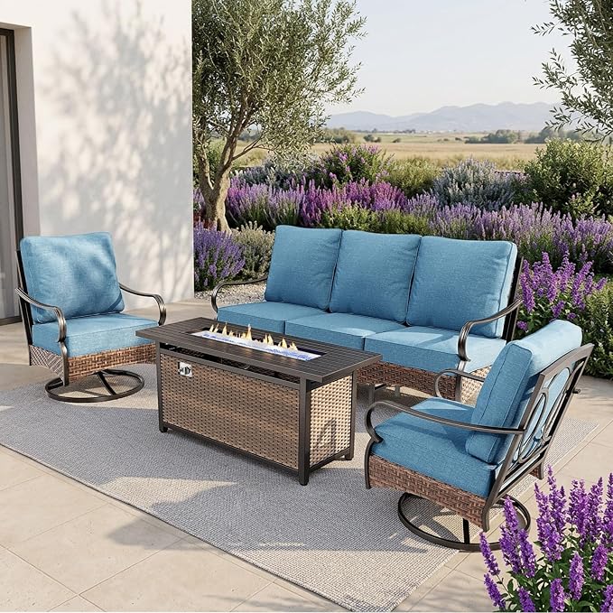 PHI VILLA Patio Furniture Set with 56" Fire Pit Table, Premium Outdoor Wicker Metal Frame Furniture with Upgraded Waterproof Thick Cushions for Porch, Poolside, Deck, and Yard（4 Pieces,Navy