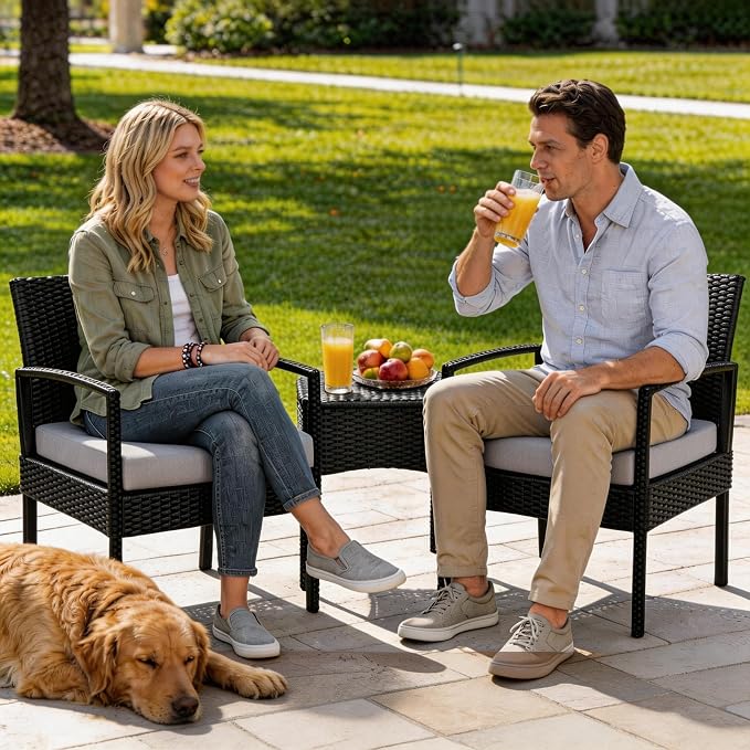 PROHIKER 3 PCS Patio Rattan Conversation Bistro Chairs Set, Outdoor Patio Furniture Wicker Bistro Set with Coffee Table for Garden Porch Balcony Yard Lawn, Gray