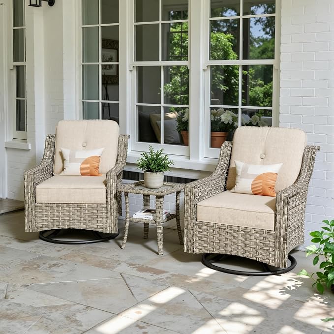 3 Piece Patio Furniture Set, Outdoor High Back Swivel Rocker Chairs Set of 2 with Side Table, All Weather Wicker Glider Chair with Thick Cushions for Backyard Balcony Porch, Beige