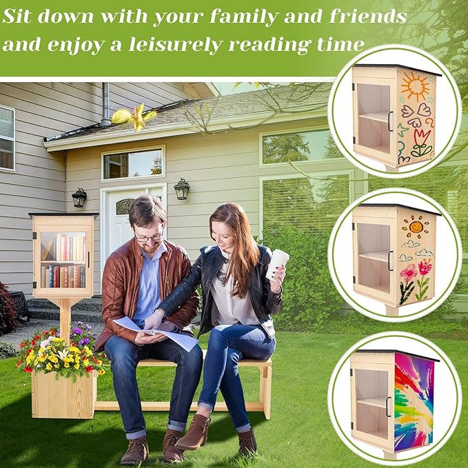 Wonderjune 3-in-1 Little Library Box Outdoor with Bench and Flower Fences, 55.8 Inch Weatherproof Solid Wood Exchange Box with Floor Plugs and Flower Fence for Neighborhoods, Community, School