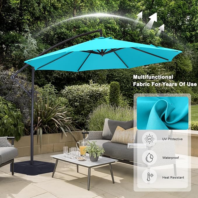 ABCCANOPY 10FT Cantilever Patio Umbrella with base included, 360° Rotation Outdoor Offset Umbrella Bonus Fix Frame & Weights Bag for Backyard, Deck, Poolside (Turquoise)