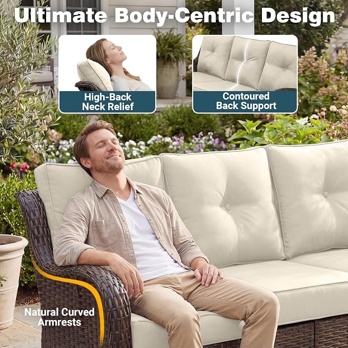 Patio Furniture Set, 2PCS Outdoor Wicker Conversation Set with 6" Thick Cushions, High Back Rattan Sofa, Weather Resistant Olefin Fabric for Garden, Poolside, Beige