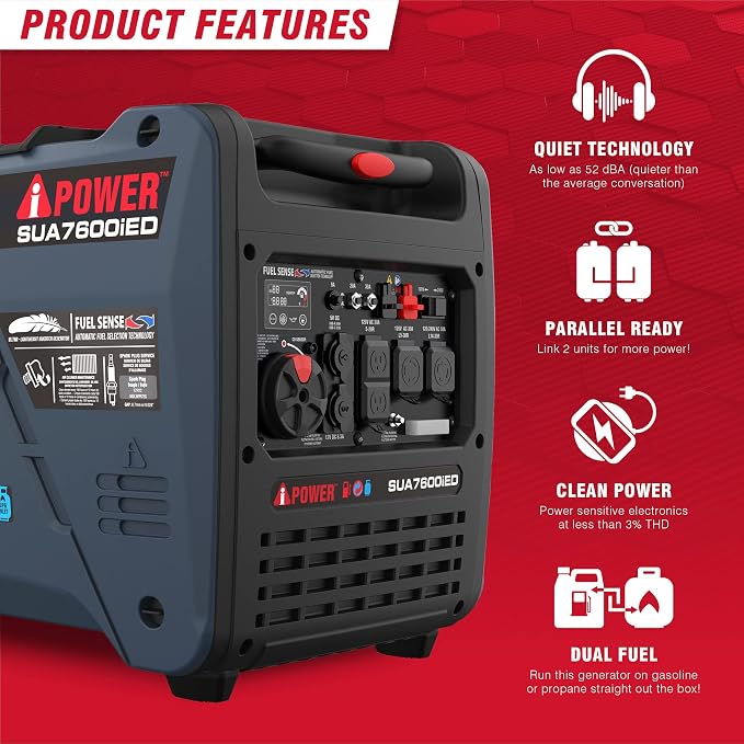 A-iPower 7600W Dual Fuel Quiet Portable Inverter Generator, Electric Start RV Ready, EPA & CARB Compliant CO Sensor, With Telescopic Handle For Backup Home Use, Tailgating & Camping (SUA7600iED)