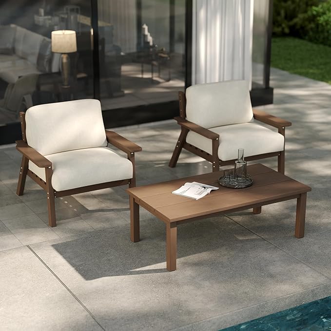 Patio Furniture Set with Washable Thick Beige Cushions, HDPE Outdoor Couch, All-Weather Outdoor Sectional Furniture, Patio Conversation Sets for Lawn, Garden, Porch (Brown Frame)