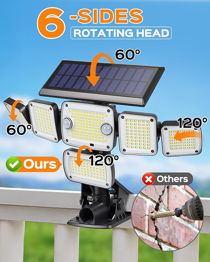 Solar Flood Lights Outdoor,6000LM 336 LEDs Dual Clip on Motion Sensor Lights with 360° Wide Angle &3 Modes, IP65 Waterproof Security Lights for Yard Patio Garage Garden,2Pack