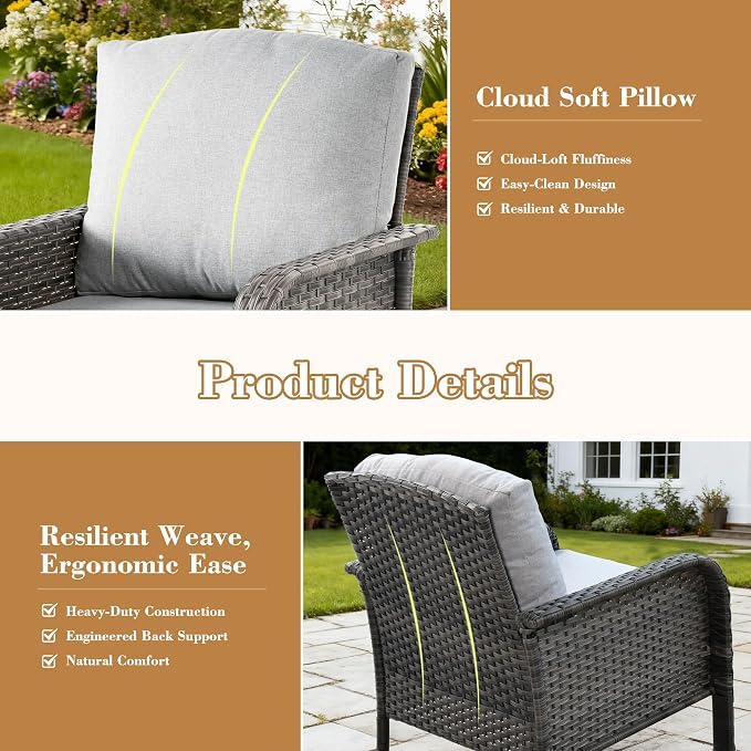 6 Pieces Patio Furniture Set, All-Weather Rattan Wicker Outdoor Furniture Loveseat Chairs with Coffee Table, High Back Conversation Set for Porch, Backyard, Balcony,Grey