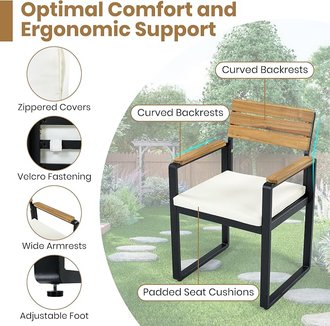6-Piece Outdoor Acacia Wood Dining Set, 1 Table with 4 Chairs & 1 Bench, Comfortable Cushions on Chairs, Adjustable Feet, for Patio, Garden, Backyard Family Gatherings (Beige-6A)