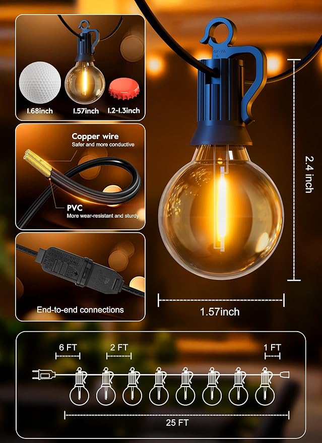 Outdoor String Lights, 25FT 12 LED Bulbs String Lights, IP65 Waterproof Connectable G40 Outside Patio Light for Backyard Porch Balcony Garden Decor Christmas Camping Gazebo