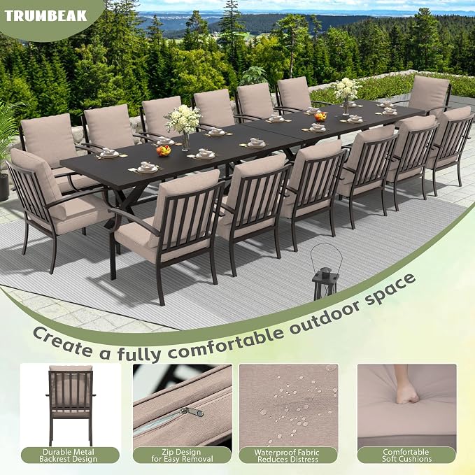 16-Piece Patio Dining Set Outdoor Conversation Set, Metal Outdoor Furniture Set with 2 Umbrella Hole Cut-Out Tables and 14 Metal Backrest Chairs for Backyard, Garden, Sand