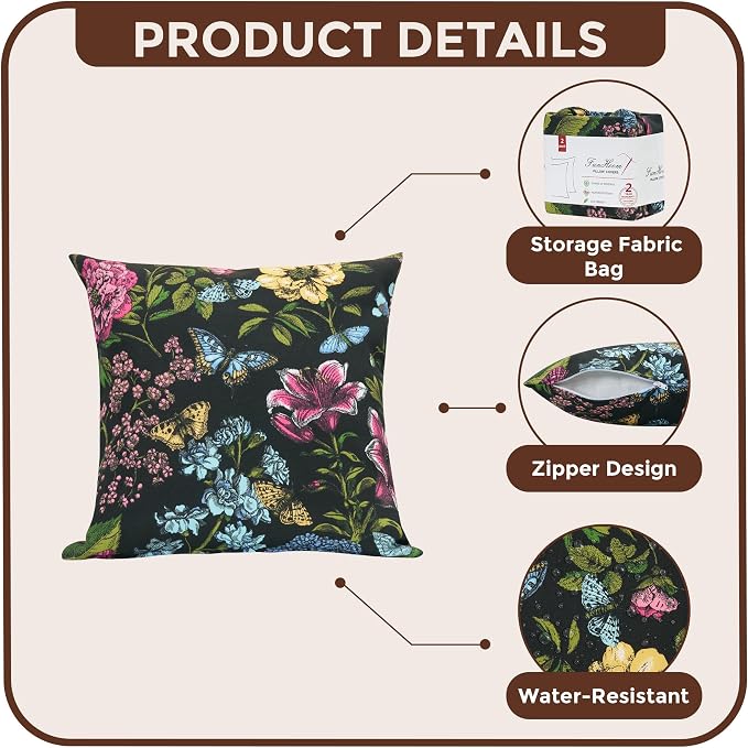 FUNHOME Outdoor Pillow Covers 18x18 Inch Pack of 2, No Insert | Square Throw Pillow Covers, Water-Repellent, Modern Pillow Cases for Sofa Patio Couch Decoration