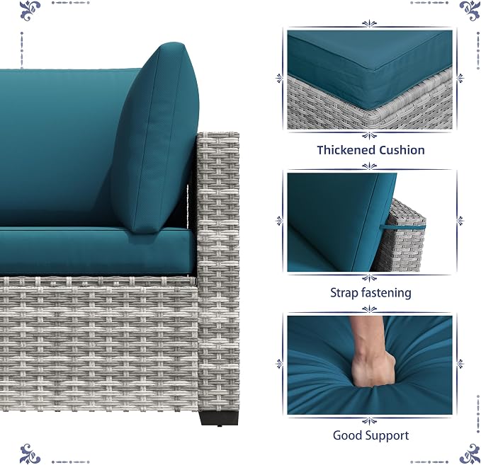 KIGOTY Patio Furniture Set,7 Pieces Modular Outdoor Sectional Sofa, PE Rattan Patio Conversation Set, All Weather Wicker Patio Furniture with Cushions and Coffee Table（Grey White/Peacock Blue）