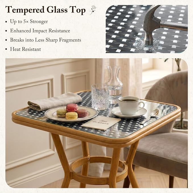 PURPLE LEAF 3-Piece French Bistro Dining Set Square Outdoor Patio Table and 2 Armless Chairs Tempered Glass Top PE Rattan Bamboo Print Finish Aluminum Frame Black