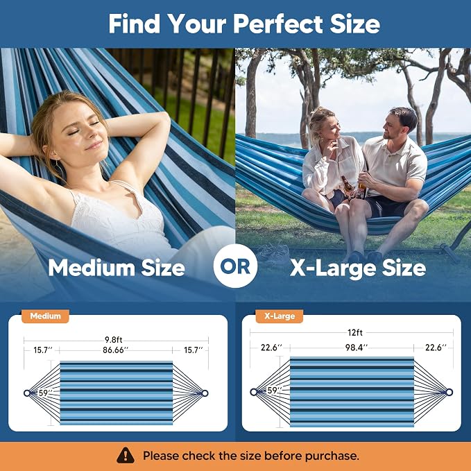 SUNCREAT Hammocks Outdoor Camping Double Hammock, Extra Large 2 Person Hammock for Camping, Blue Stripes