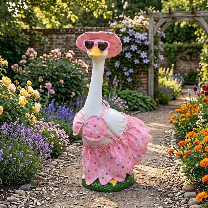 Porch Goose Statue with Outfits - 20" Large Porch Goose Statues Wear Pink Summer Bikini, Resin Animal Sculpture, Indoor or Outdoor Decor Figurine for Garden,Lawn,Pool,Entryway Accent,Housewarming Gift