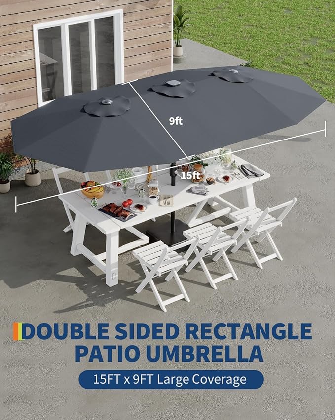 15FT Large Patio Umbrella with Base Included, Outdoor Double-Sided Rectangle Market Umbrella with Crank Handle for Pool, Lawn, Garden, Backyard, Grey