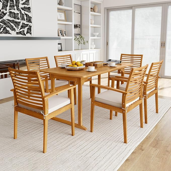HAPPYGRILL 7 Pieces Acacia Wood Outdoor Dining Set for 6 People, Patio Table & Chair Set with Umbrella Hole, Outside Picnic Furniture