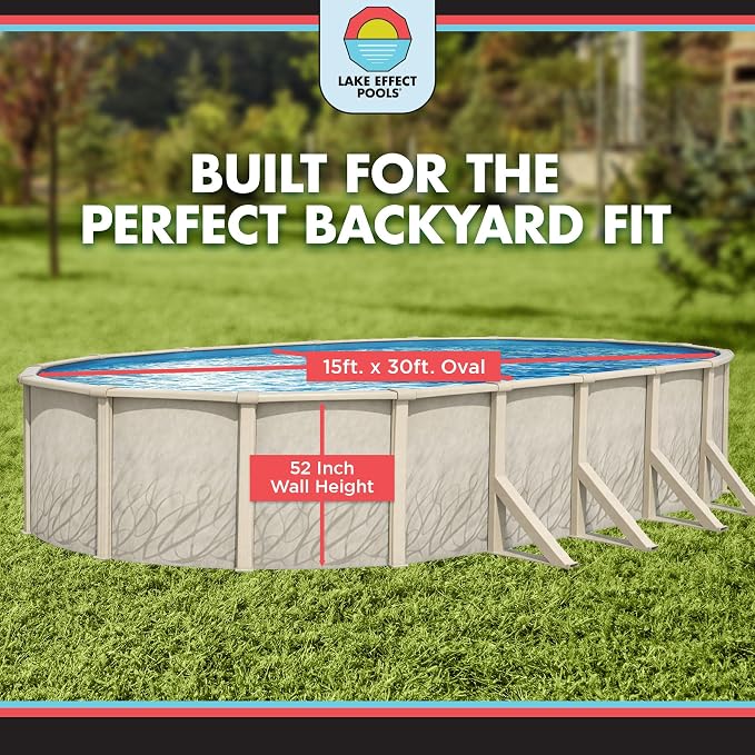 Lake Effect Pools 'Meadows Reprieve' 15 ft x 30 ft Oval Above Ground Swimming Pool Bundle | 52 Inch Steel Sided Walls | Kit Includes: 25 Gauge Liner, A-Frame Ladder, Sand Filter/Pump, & Skimmer