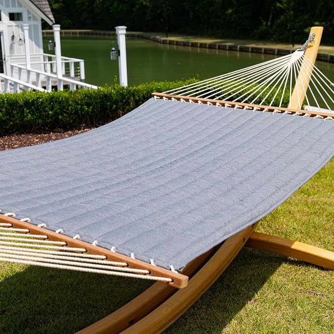 Hatteras Hammocks Large Cast Slate Sunbrella Quilted Hammock – 13 ft. x 55 in., 2-Person, 450 lb Capacity, Cumaru Spreader Bar, Zinc-Plated Hardware – Handcrafted in The USA