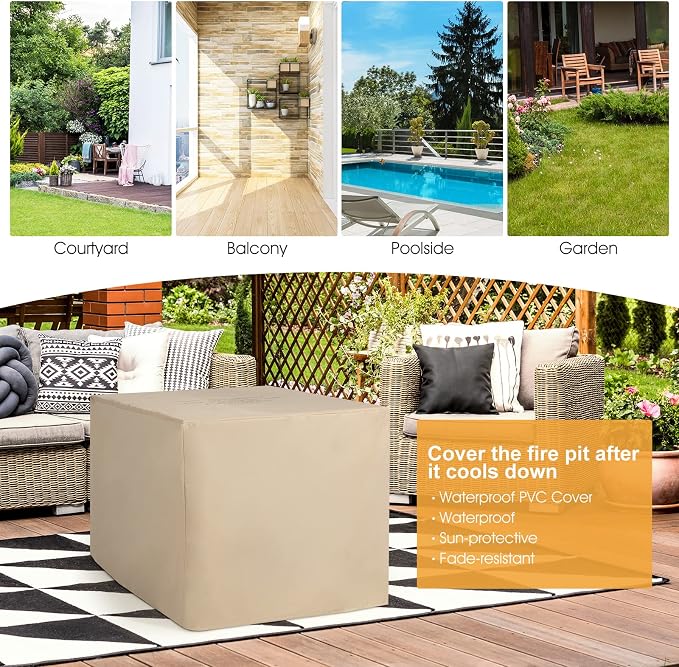 Tangkula 9 Pieces Outdoor Patio Furniture Set with 35-Inch Propane Fire Pit Table, Outdoor PE Wicker Sectional Sofa Set with Storage Box and Cushions, 50,000 BTU Gas Fire Pit Table (Off White)