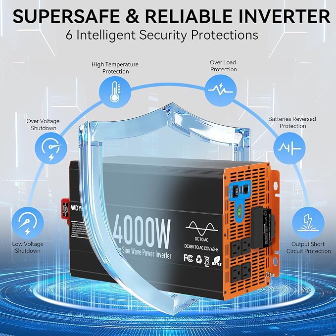 4000W Pure Sine Wave Inverter,48V DC to 120V AC Car Power Inverter 8000W Peak with 4 AC Outlets, 3.0A USB and Type-C, LCD Display 16.5 ft Remote Control for RV Truck Travel Solar Emergency