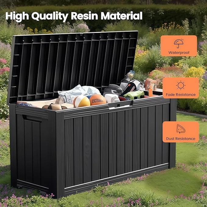 75 Gallon Outdoor Storage Box, Waterproof Resin Deck Box for Patio Cushions & Gardening Tools, Lockable Indoor/Outdoor Storage Bin, Sleek Black Design