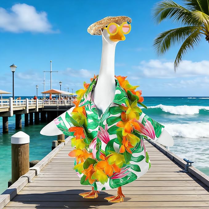 AZYM Hawaiian Porch Goose Outfits,Yard Goose Clothes Hawaiian Wreath with Straw Hat Glasses,4 Pcs/Set Summer Lawn Goose Costume,for 23" Statue Patio Garden Decoration