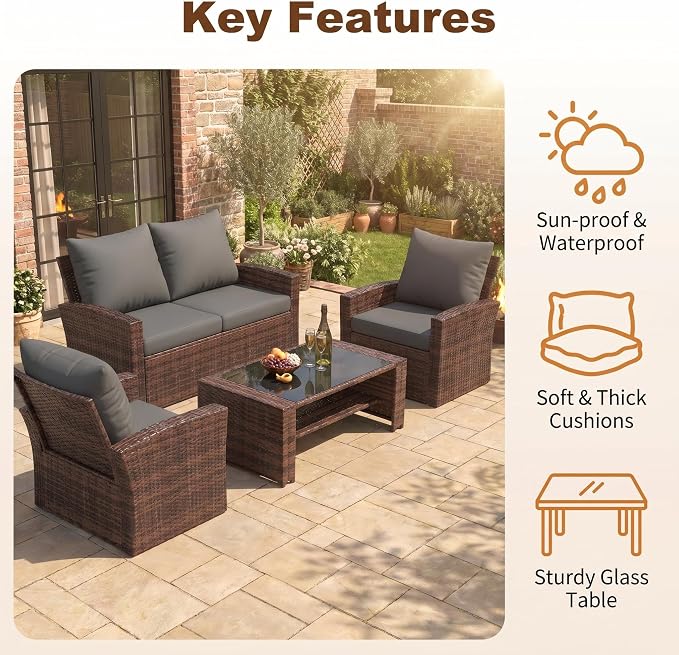 UDPATIO Patio Furniture Set, Outdoor Furniture Sets with Loveseats Sofa, Wicker Rattan Outdoor Conversation Set with Storage CoffeeTable for Backyard, Deck, Porch, Brown/Grey