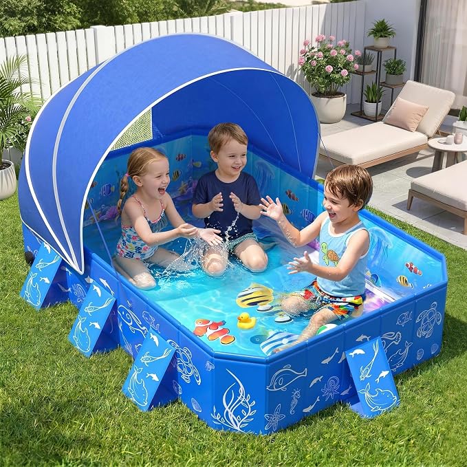 FizZeal Kiddie Pool with Canopy,Baby Swimming Pool for Toddler,Non-Inflatable Portable Pool for Kid,Foldable Toddler Pool with Shade,Kids Pool for Backyard.Outdoor Pop Up Kiddie Beach Pool 51"x38"x31'