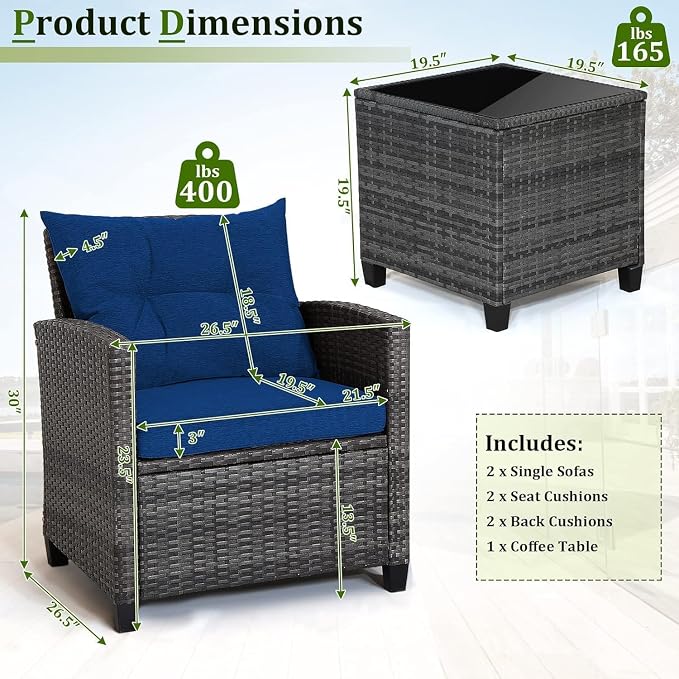 HOMGX 3 Pieces PE Rattan Wicker Patio Sofa Chairs, Outdoor Furniture Conversation Sets with Washable Cushion & Glass Table, Rattan Sofa Set for Balcony, Porch, Yard, Backyard, Lawn, (Navy Blue)