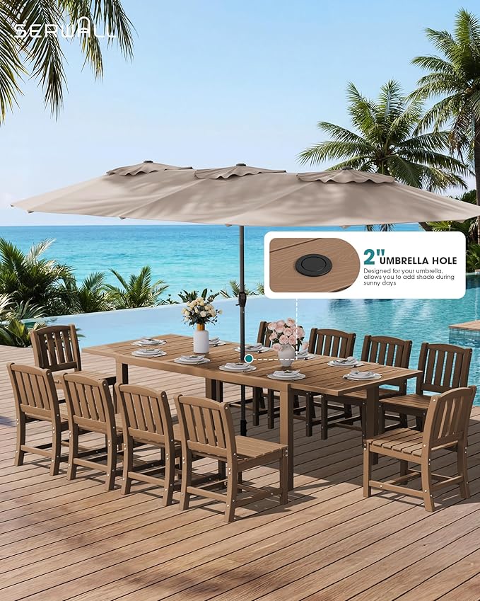 SERWALL 10-Piece Patio Dining Sets with 15FT Patio Umbrella, 60" - 83" Expandable Outdoor Dining Table and 8 HDPE Chairs, All Weather HDPE Outdoor Furniture Set, Brown (Umbreall Base not Included)