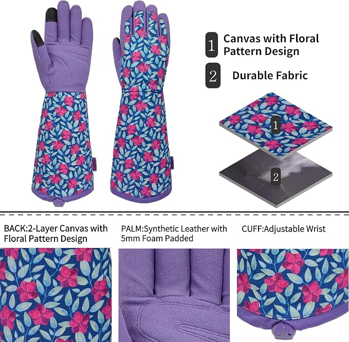 Thornproof Rose&Cactus Gardening Gloves,Gauntlet Garden Glove,Gifts | Canvas,Cute Floral Pattern,Leather Palm,Touchscreen,Durable Material,Garden Gift,Men&Women,Machine Washable,Adjustable Cuff
