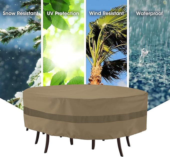SunPatio Patio Round Table and Chairs Cover, Heavy Duty Waterproof Patio Furniture Set Cover for Outdoor Dining Set, Veranda Patio Furniture Cover for All Weather Protection, 84"Dia x 30"H, Taupe