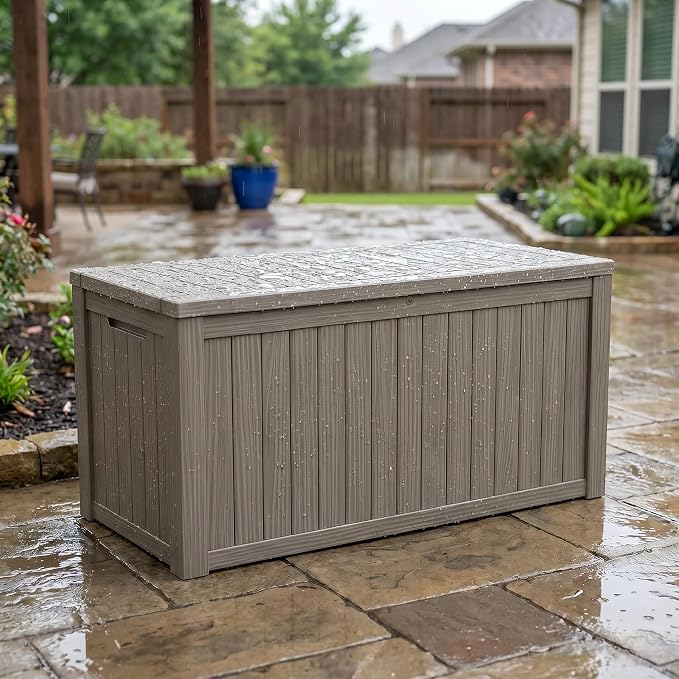 178 Gallon Resin Deck Box with Gas Lift Support – Outdoor Storage for Patio Furniture, Garden Tools & BBQ Accessories – Weatherproof Wood Grain Design with 660 Lbs Bench Seat (Lockable Lid)