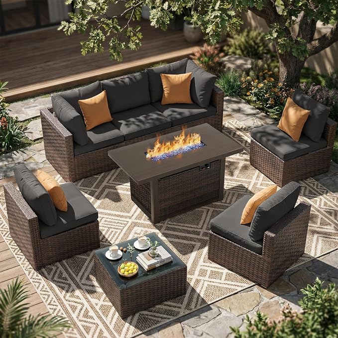 8 Pieces Patio Furniture Sets Outdoor Sectional Sofa with 44'' Propane Rattan Wicker Firepit Table, Patio Sectional Conversation Set with Cushions for Backyard, Poolside, Garden Black