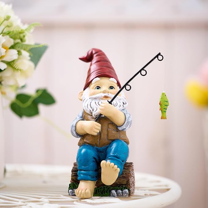 TERESA'S COLLECTIONS Resin Outdoor Statues for Garden Decor, Garden Gnome with Fishing Pole Funny Decorations for Outside, Yard Gnome Decor for Patio Lawn Ornaments, Ideal Gift for Women and Man, 6"