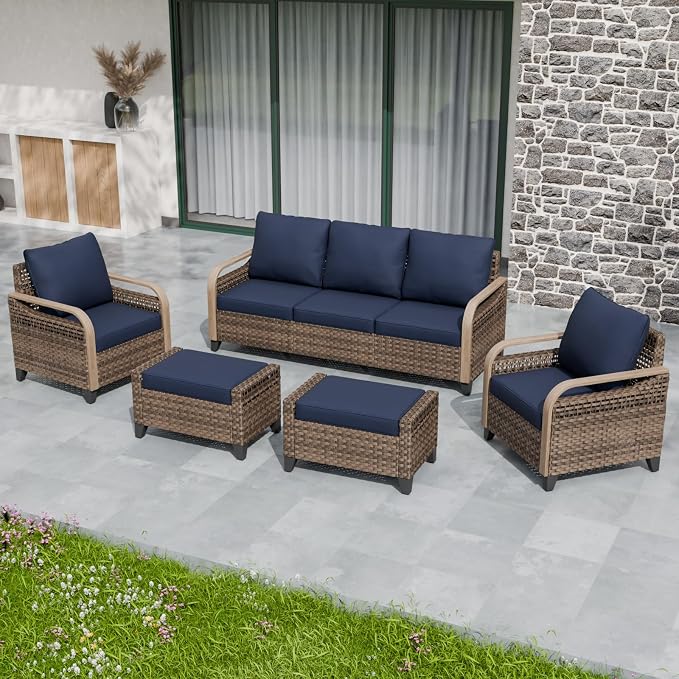 EAGLE PEAK Modern Wicker Outdoor Patio Furniture Set, Patio Conversation Set, 2 Chairs, 3-Seat Loveseat and 2 Ottomans, 5 Pieces, Brown/Blue