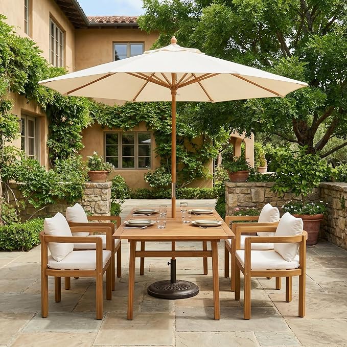 SUNSITT 7-Piece Outdoor Patio Dining Set, 55" - 71" Acacia Wood Expandable Outdoor Table Set with Umbrella Hole, 6 Curved Patio Arm Chairs w/Removable Cushions for Backyard, Porch, Deck