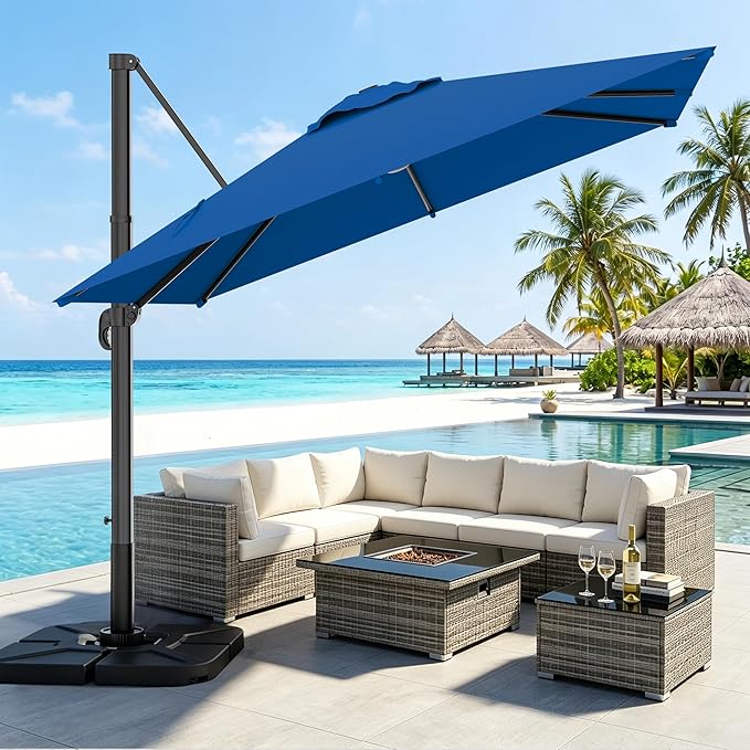 AreShark 10 X 10 FT Cantilever Patio Umbrella, 360-Degree Rotation Round Hanging Offset Umbrella with Crank, Heavy Duty Patio Umbrella for Patio, Pool, Garden, Deck, Royal Blue