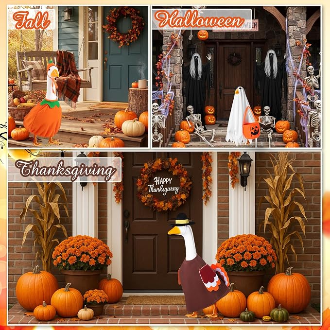 11 Set Holiday Porch Goose Outfits All Seasons Goose Clothes Umbrella Easter Statue Costume for Patio Lawn Outdoor