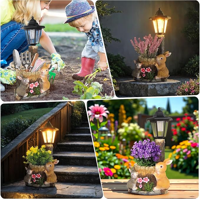 Solar Bunny Statue Outdoor, Rabbits Figurine with Flowerpot & Lantern | Garden Sculptures for Yard Art Lawn Ornaments Porch Patio Balcony - Gardening Gifts for Women Mom