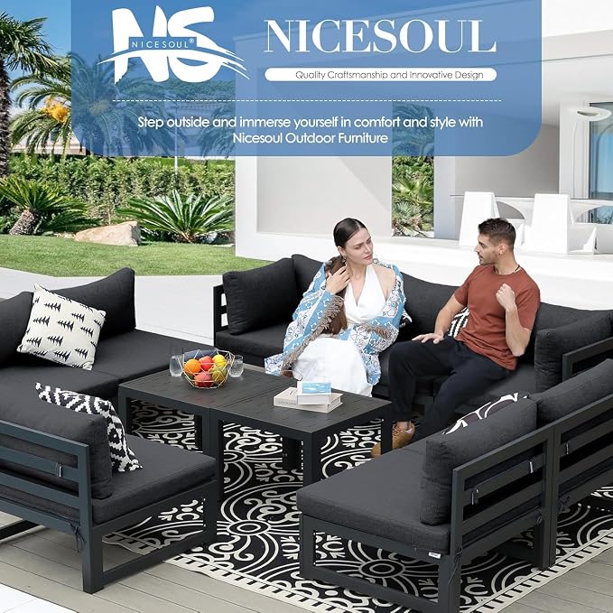 NICESOUL 12 Piece Extra Large Aluminum Outdoor Furniture Set, Rust-Proof Luxury Patio Sectional with Coffee Table, 500lbs Sturdy Comfortable Couch Sofa Conversations for Outside Garden, Dark Gray